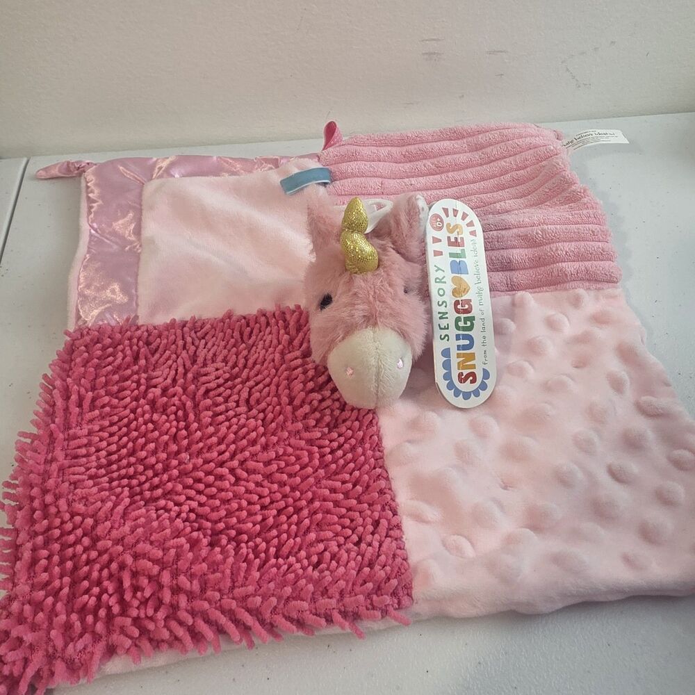 Make Believe Ideas Pink Unicorn Security Blanket Knots Satin Patchwork New NWT